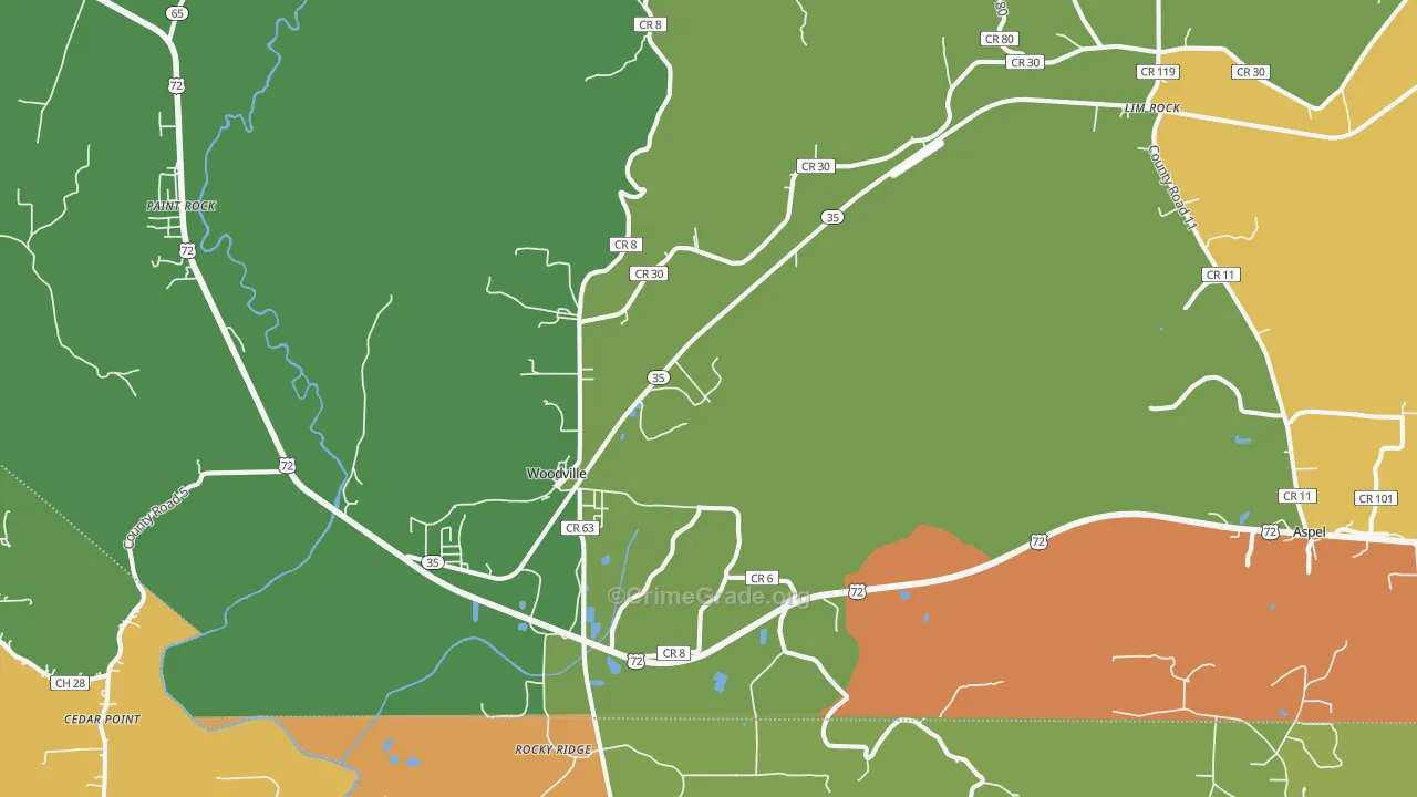 Woodville, AL Map of Burglary Rates