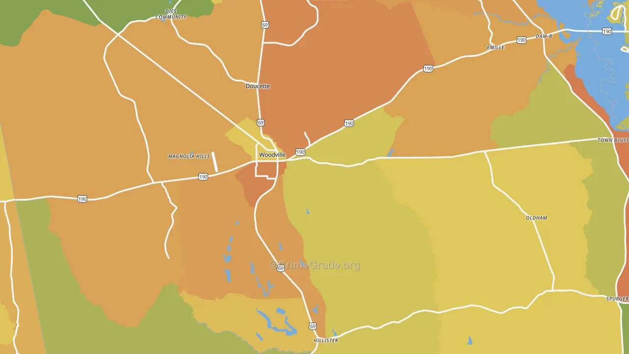 Woodville, TX Map of Burglary Rates