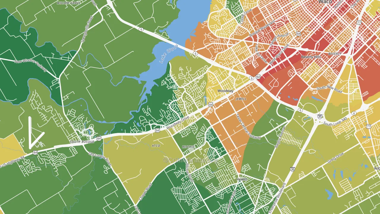 Woodway, TX Map of Burglary Rates