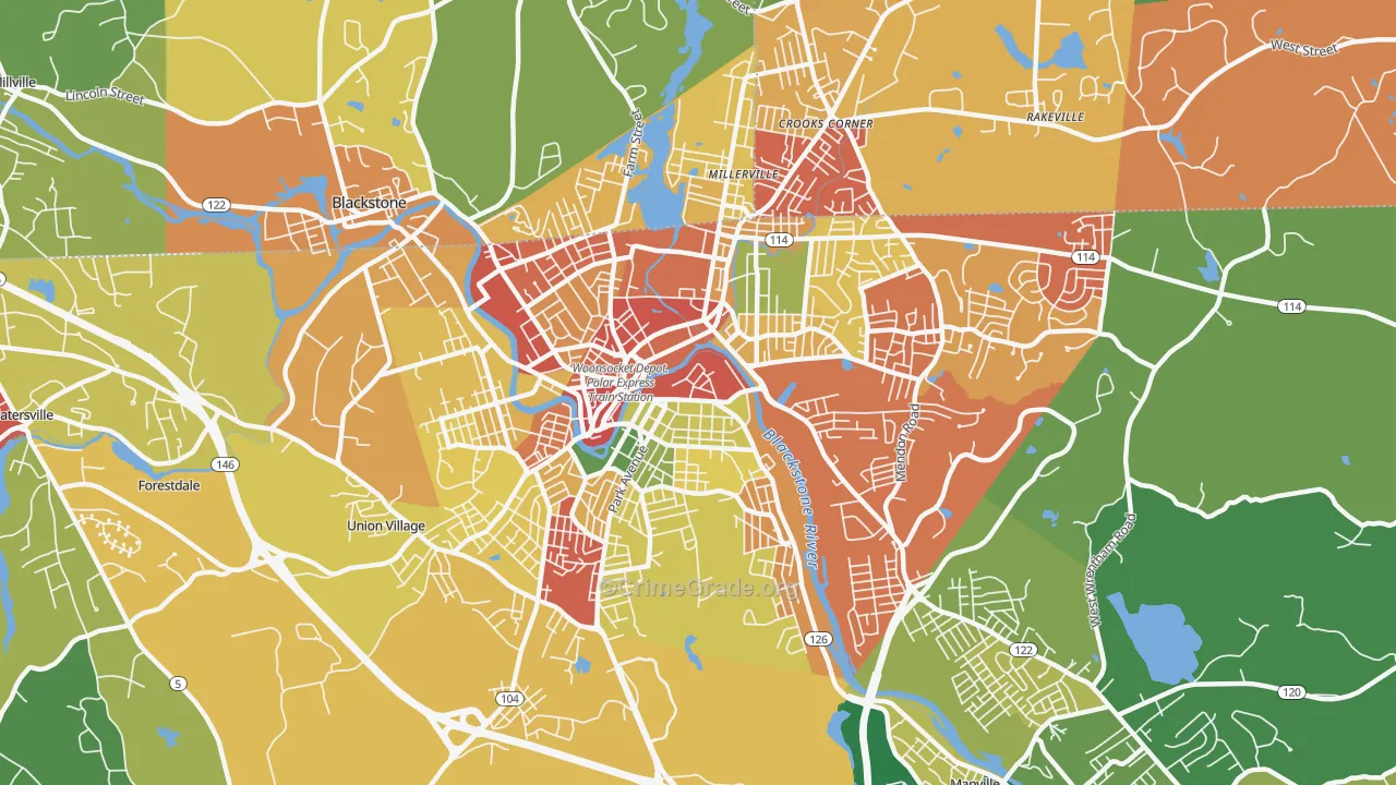 Woonsocket, RI Map of Burglary Rates
