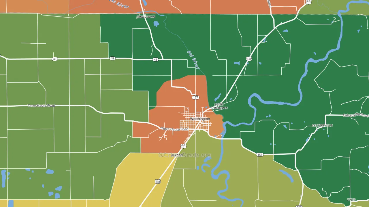 Worthington, IN Map of Burglary Rates