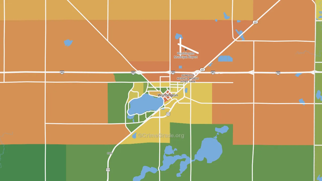 Worthington, MN Map of Burglary Rates