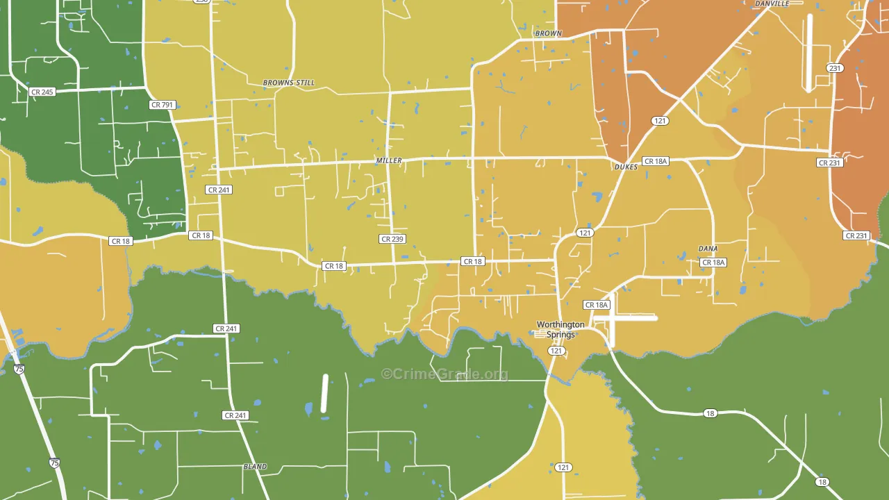 Worthington Springs, FL Map of Burglary Rates