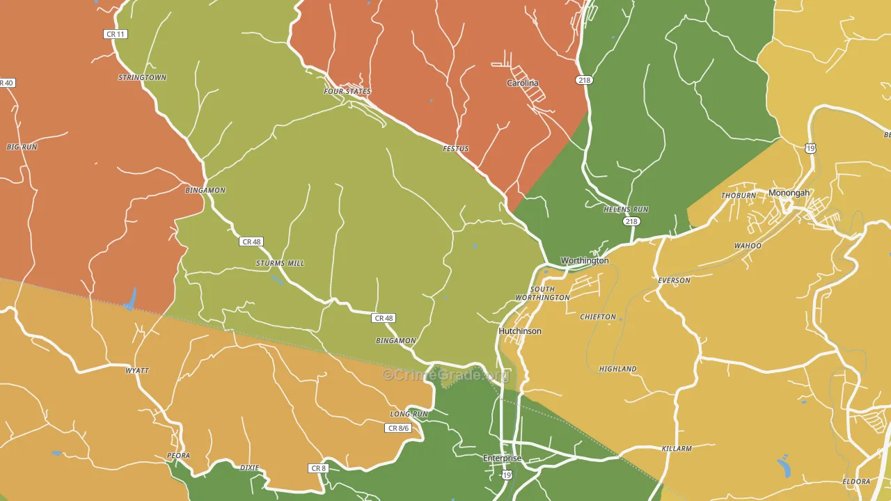 Worthington, WV Map of Burglary Rates
