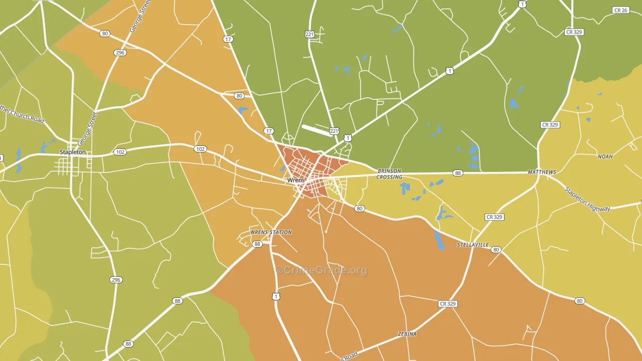 Wrens, GA Map of Burglary Rates