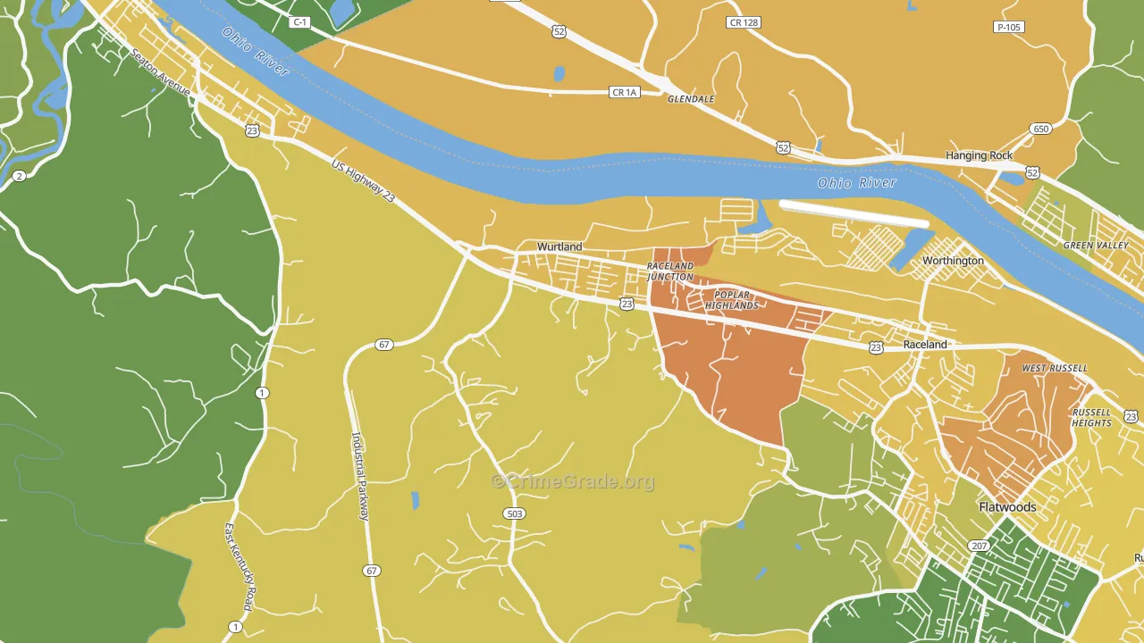 Wurtland, KY Map of Burglary Rates