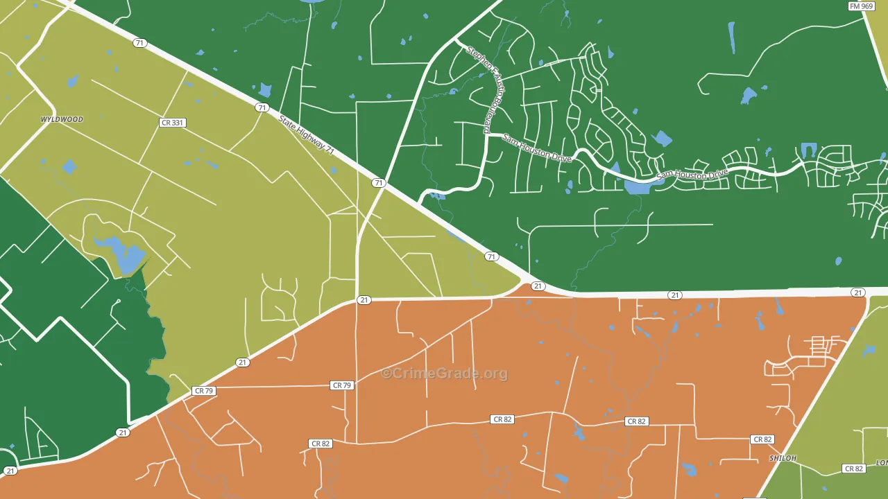 Wyldwood, TX Map of Burglary Rates