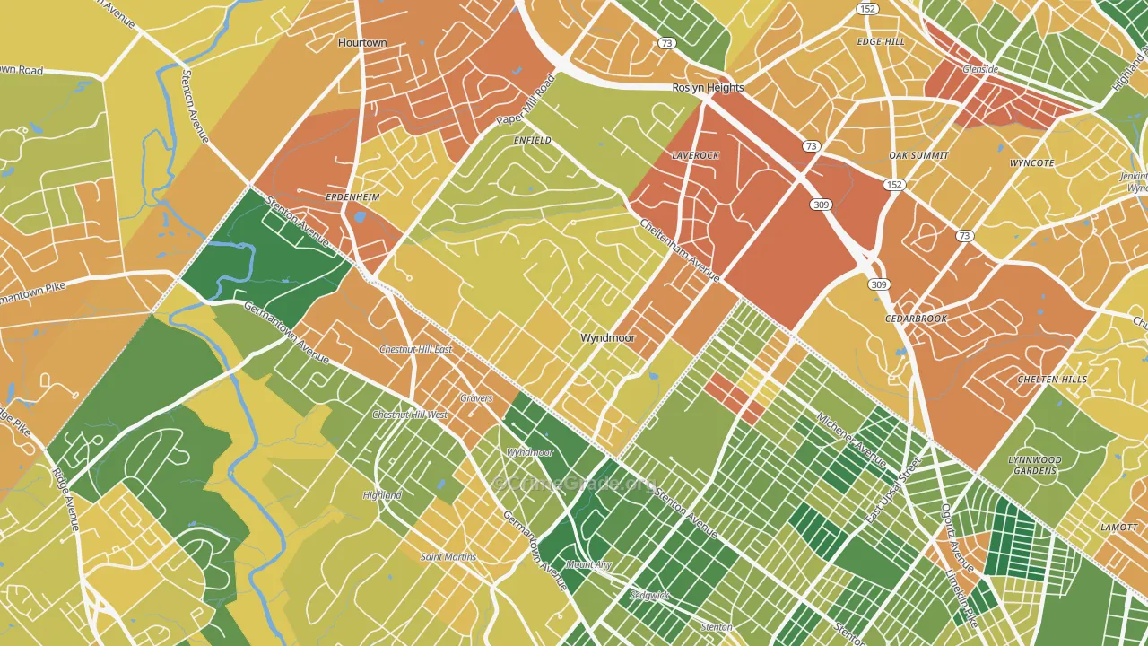 Wyndmoor, Glenside, PA Map of Burglary Rates