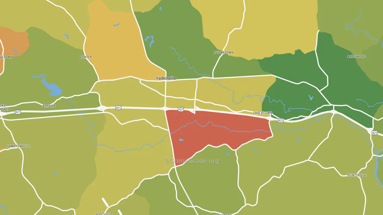 Yadkinville, NC Map of Burglary Rates