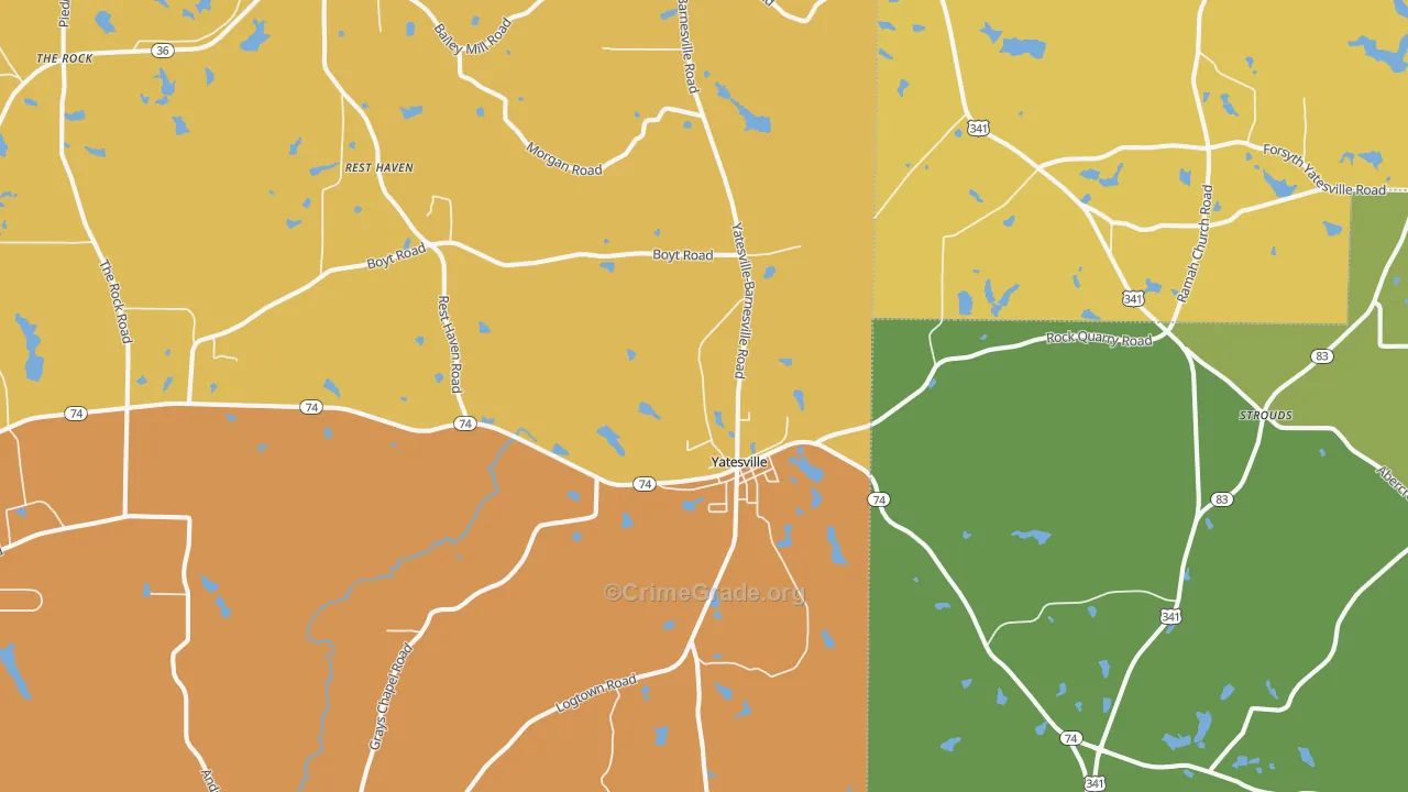 Yatesville, GA Map of Burglary Rates