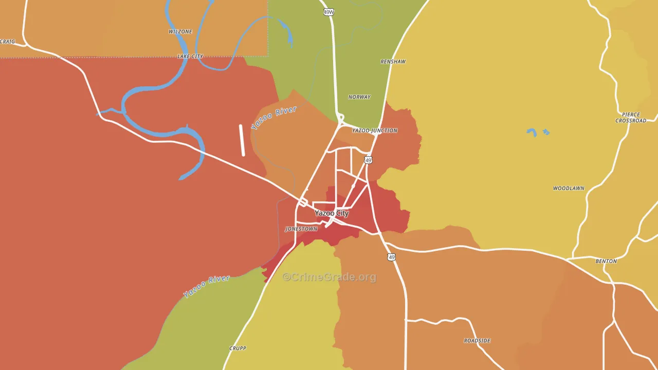Yazoo City, MS Map of Burglary Rates