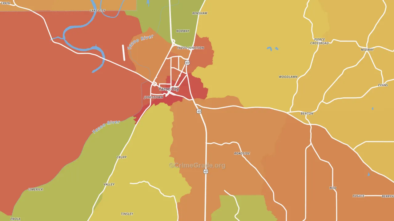 Yazoo County, MS Map of Burglary Rates