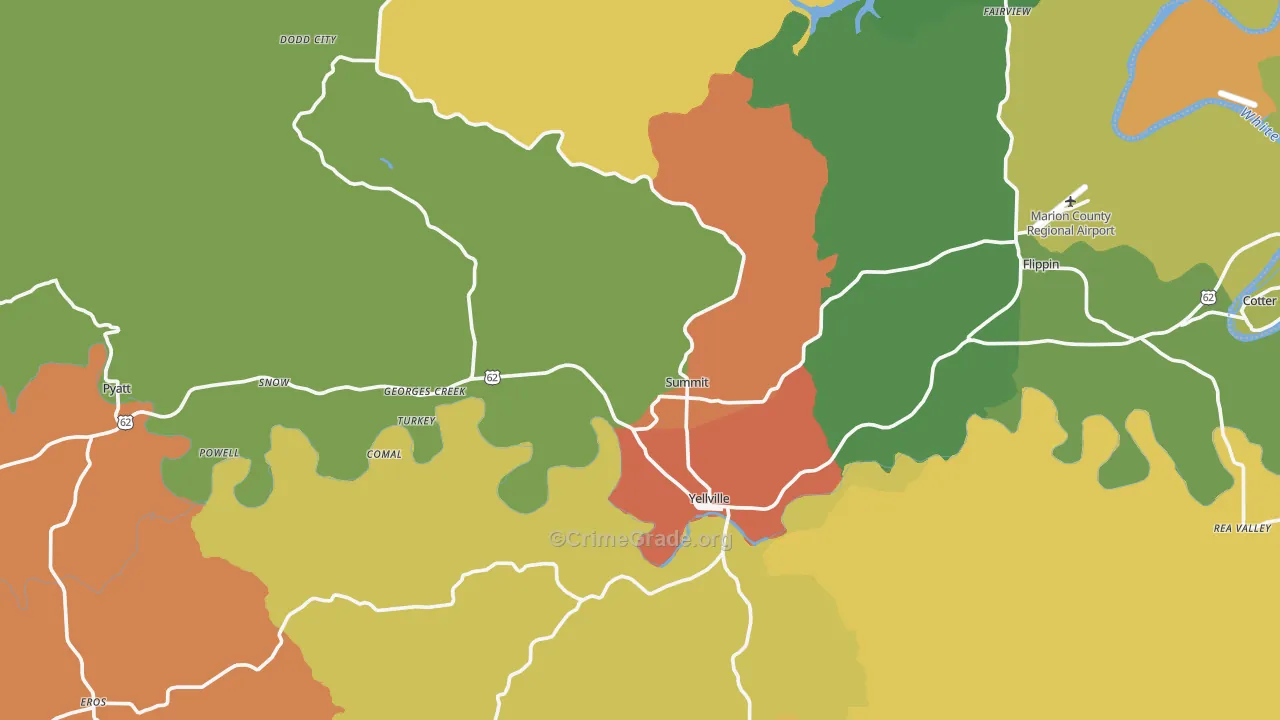 Yellville, AR Map of Burglary Rates