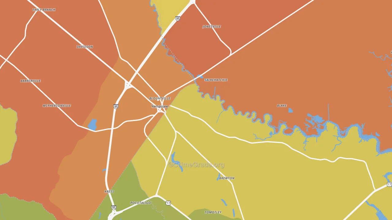 Yemassee, SC Map of Burglary Rates