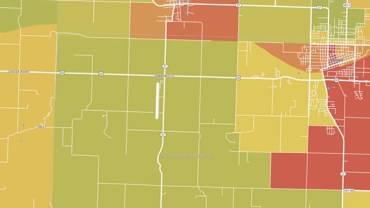 Yonkerville, MO Map of Burglary Rates