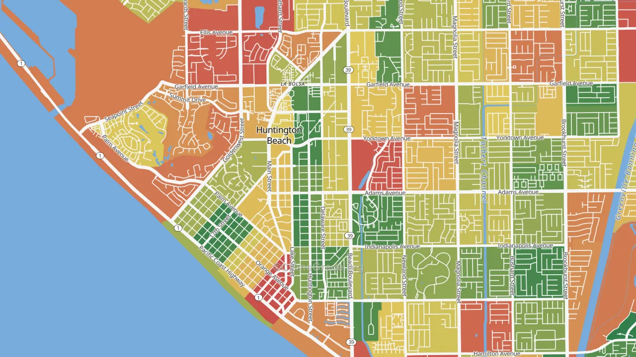 Yorktown, Huntington Beach, CA Map of Burglary Rates