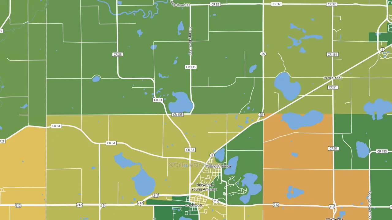 Young America, MN Map of Burglary Rates