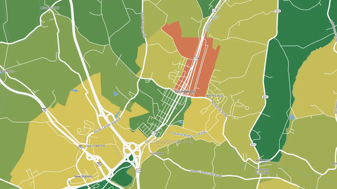 Youngwood, PA Map of Burglary Rates