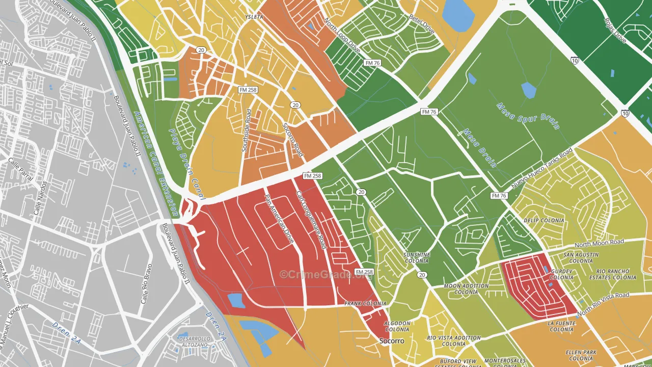 Ysleta Mission Valley, El Paso, TX Map of Burglary Rates