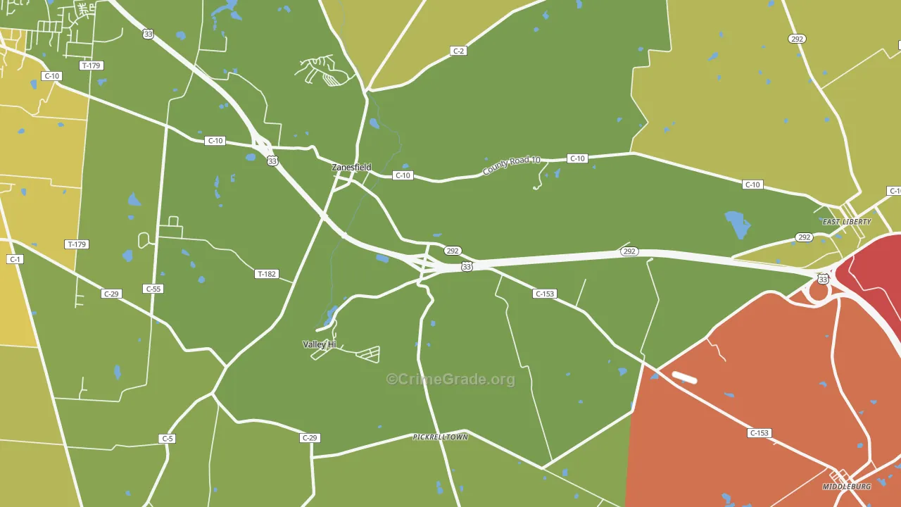 Zanesfield, OH Map of Burglary Rates