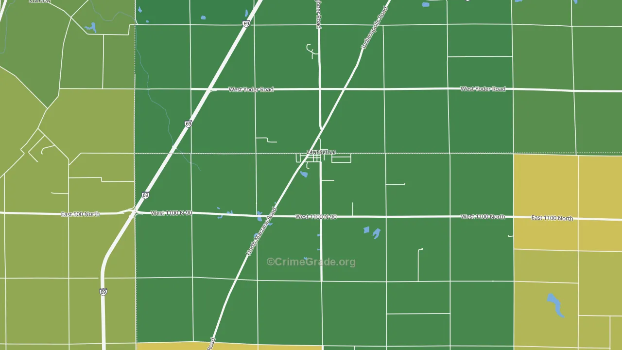 Zanesville, IN Map of Burglary Rates