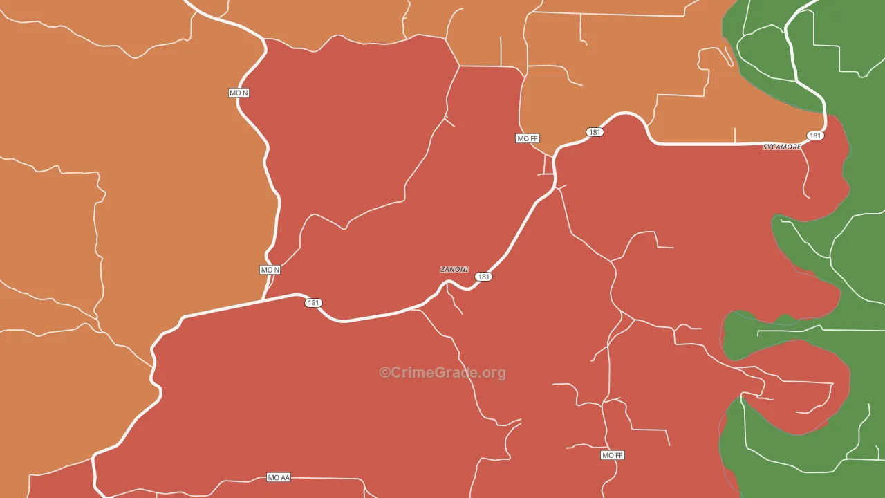Zanoni, MO Map of Burglary Rates