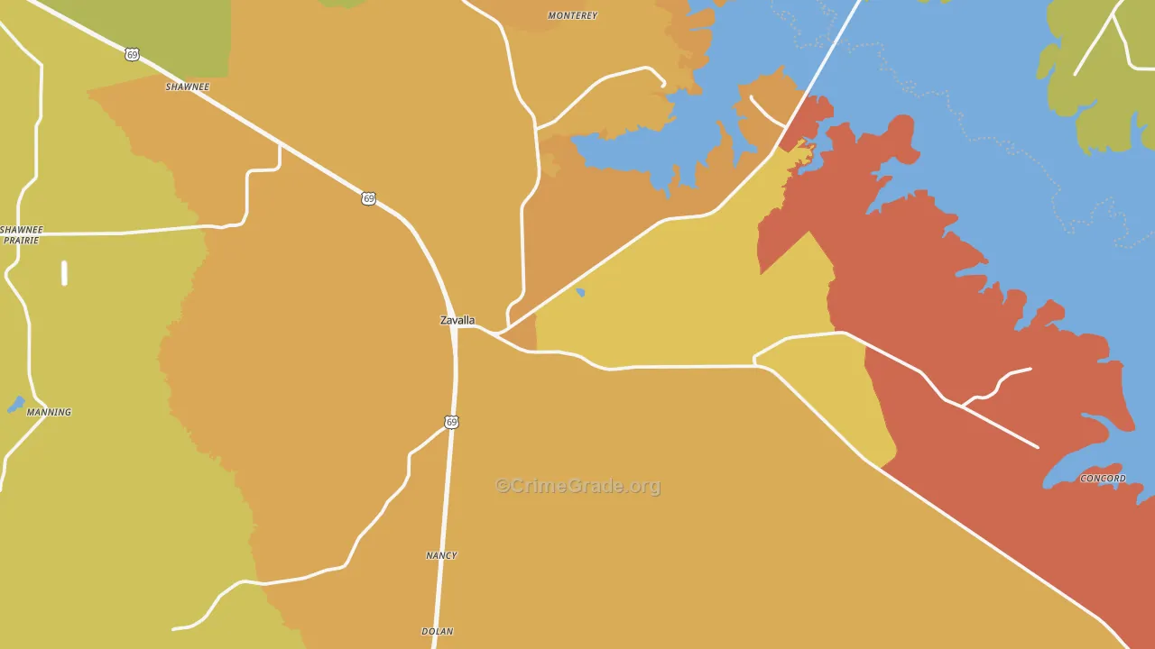 Zavalla, TX Map of Burglary Rates