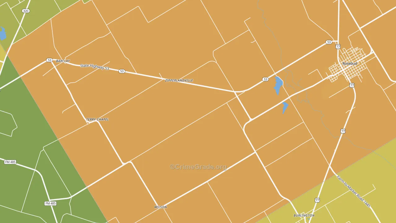 Zipperlandville, TX Map of Burglary Rates
