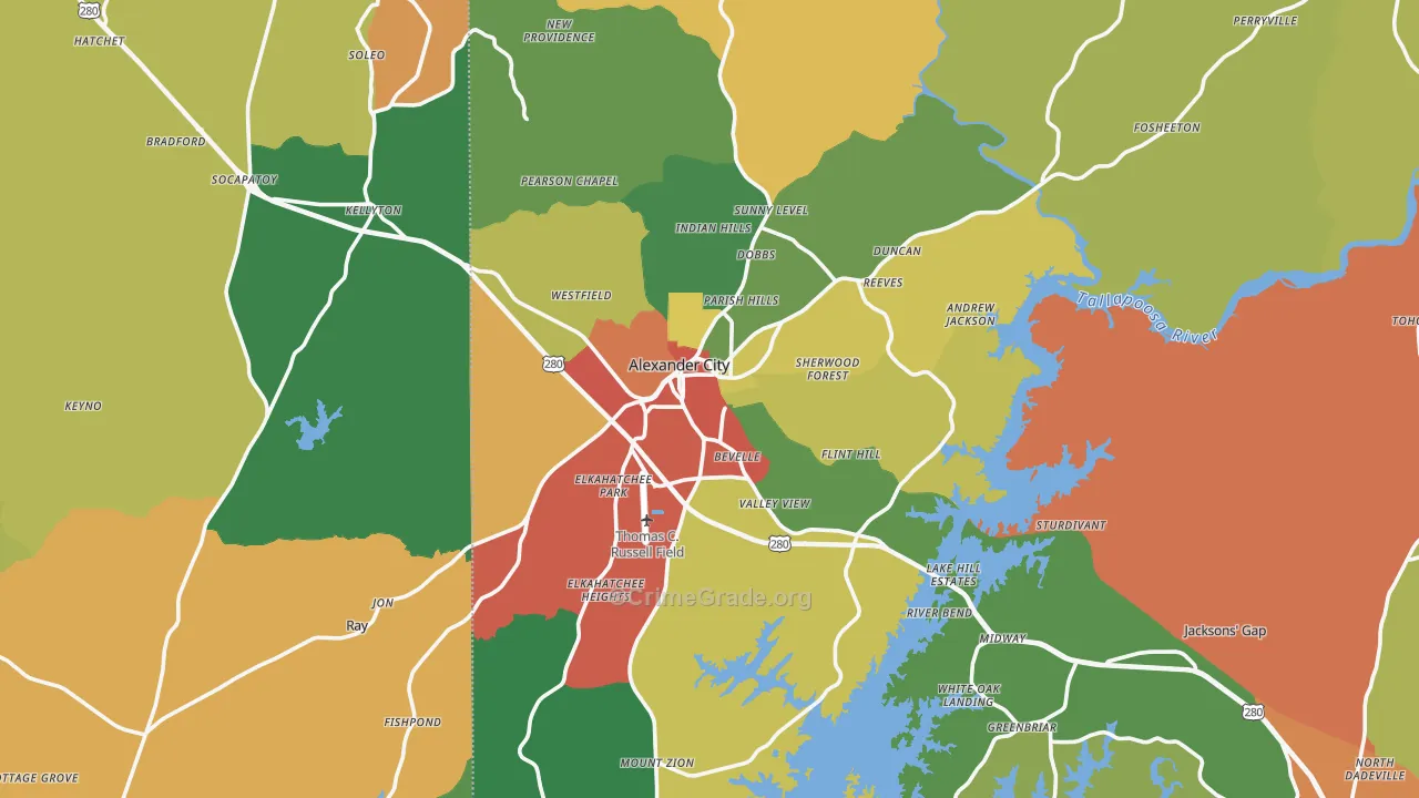 Alexander City, AL Map of Drug-Related Crime Rates