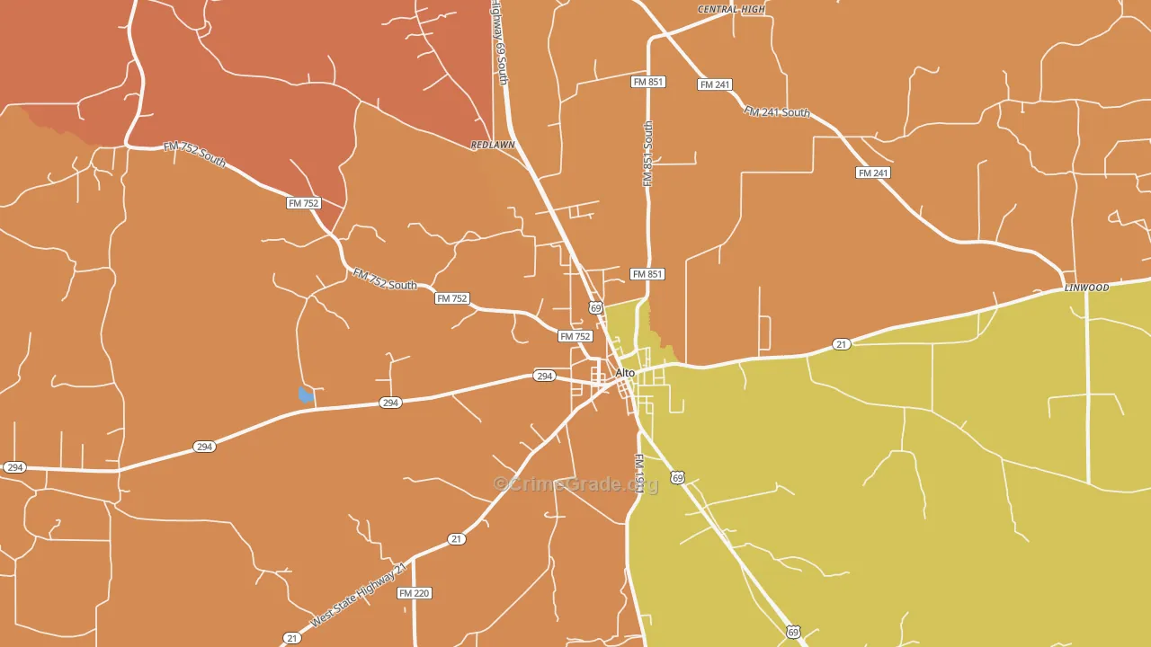 Alto, TX Map of Drug-Related Crime Rates