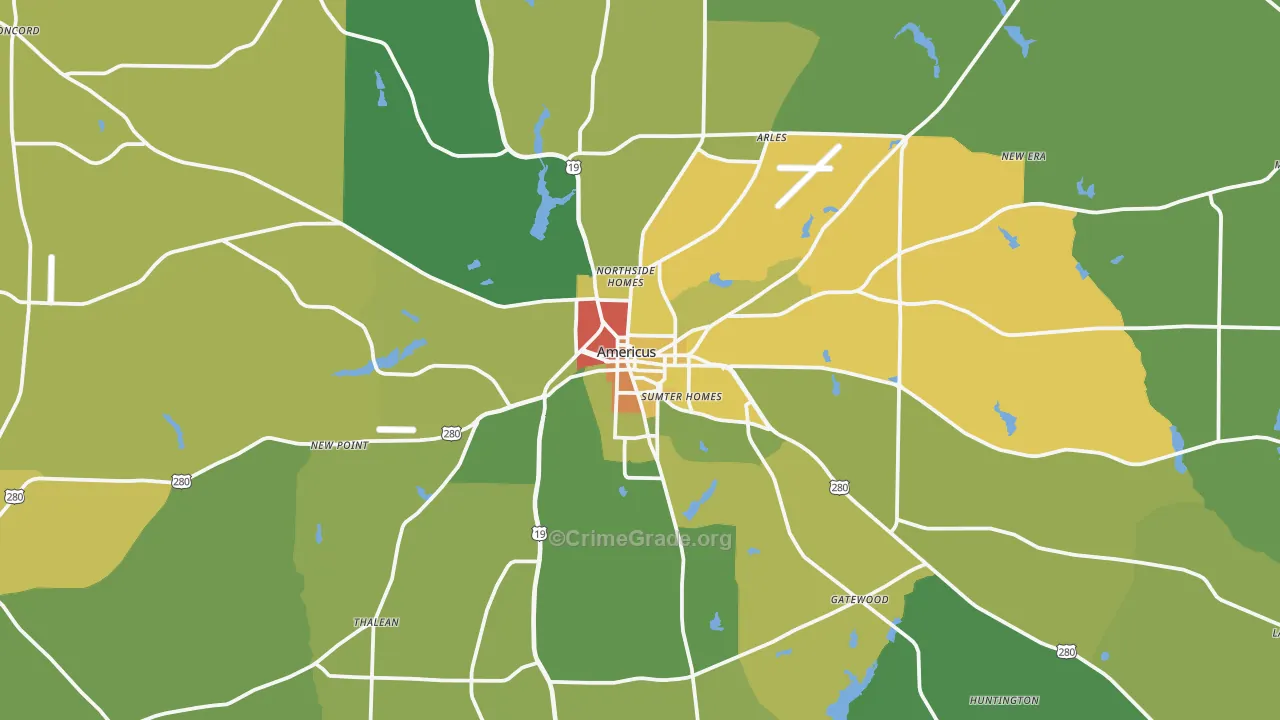 Americus, GA Map of Drug-Related Crime Rates