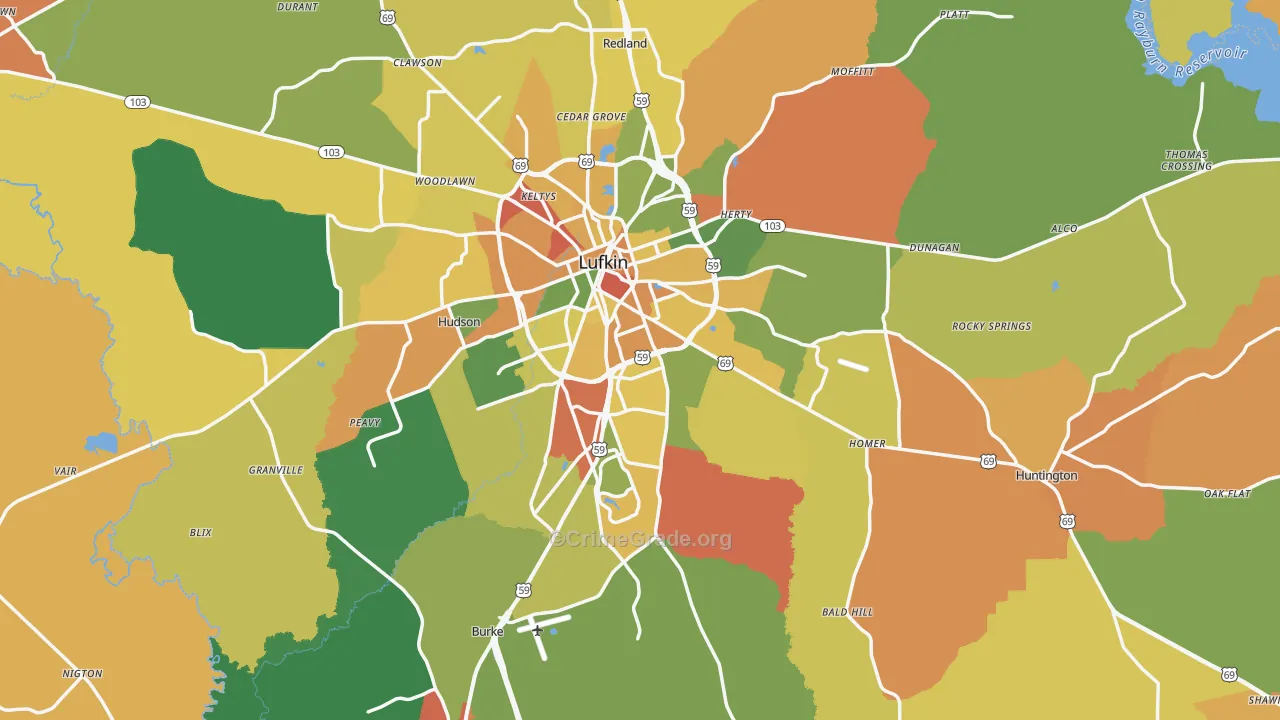 Angelina County, TX Map of Drug-Related Crime Rates