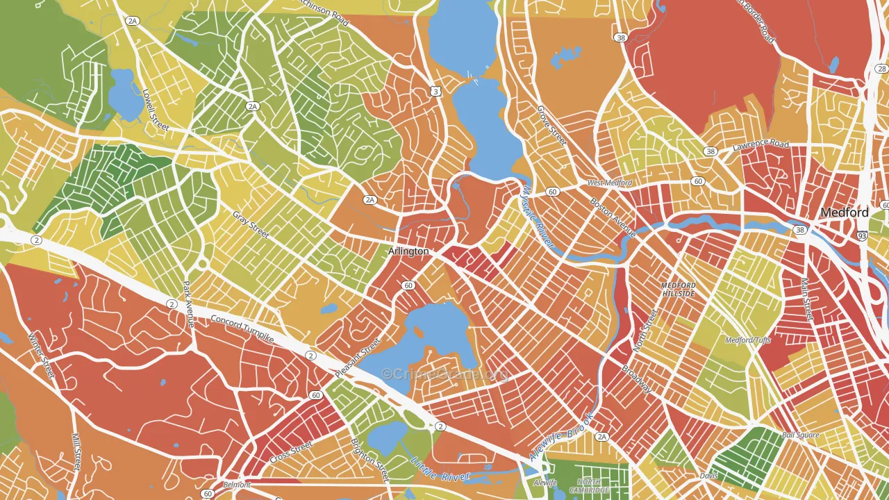 Arlington Center, Arlington, MA Map of Drug-Related Crime Rates