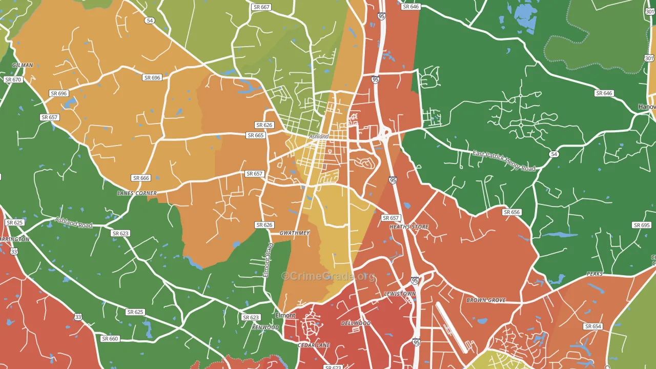 Ashland, VA Map of Drug-Related Crime Rates