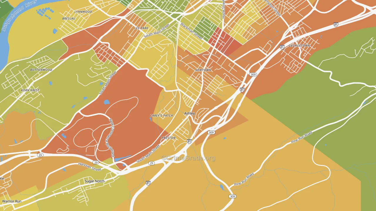 Ashley, PA Map of Drug-Related Crime Rates