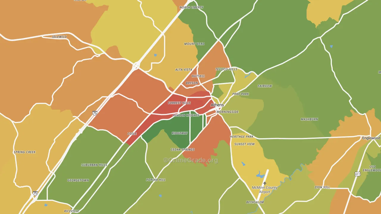 Athens, TN Map of Drug-Related Crime Rates