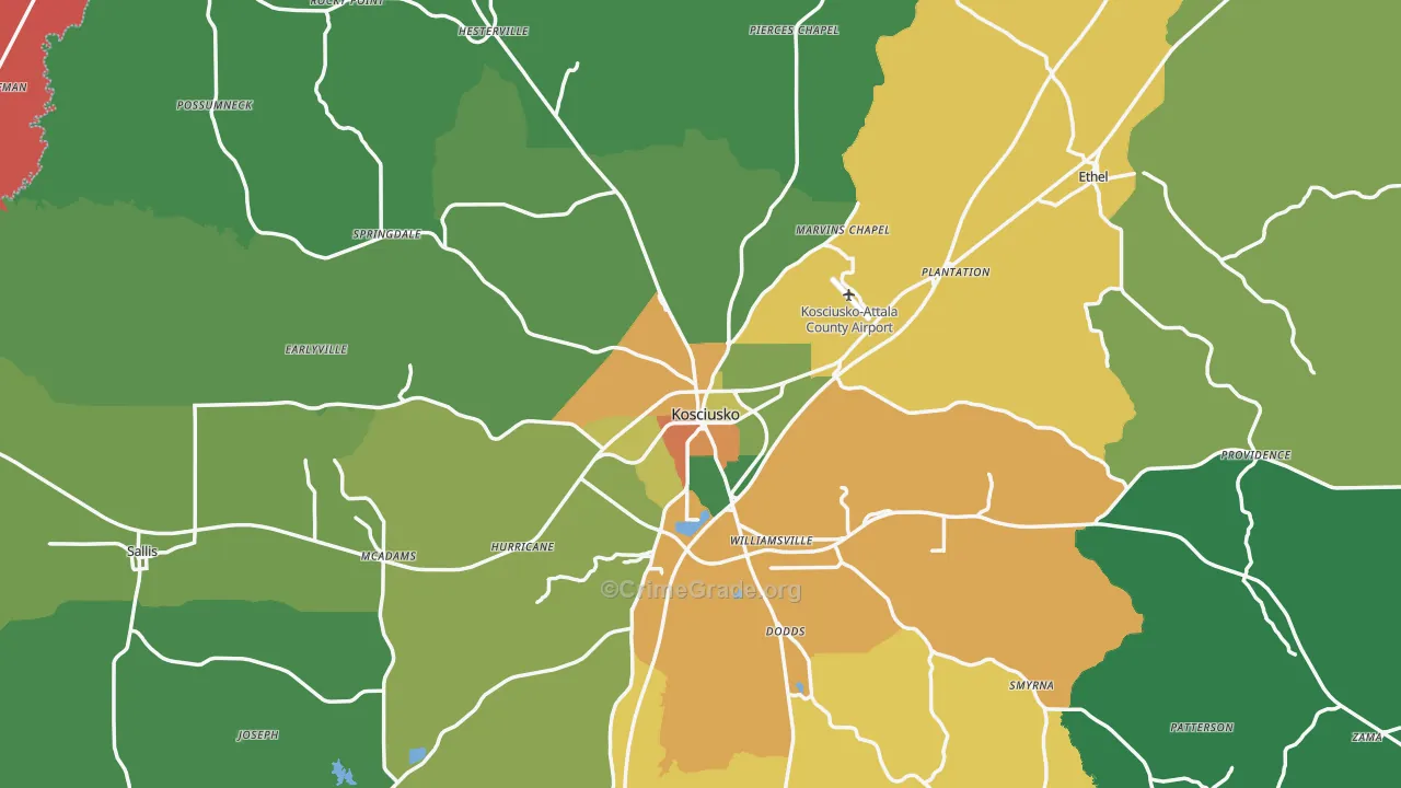 Attala County, MS Map of Drug-Related Crime Rates