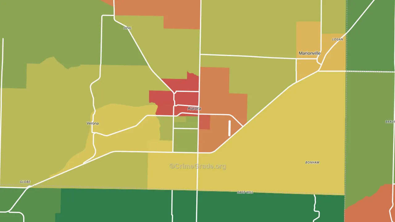 Aurora, MO Map of Drug-Related Crime Rates