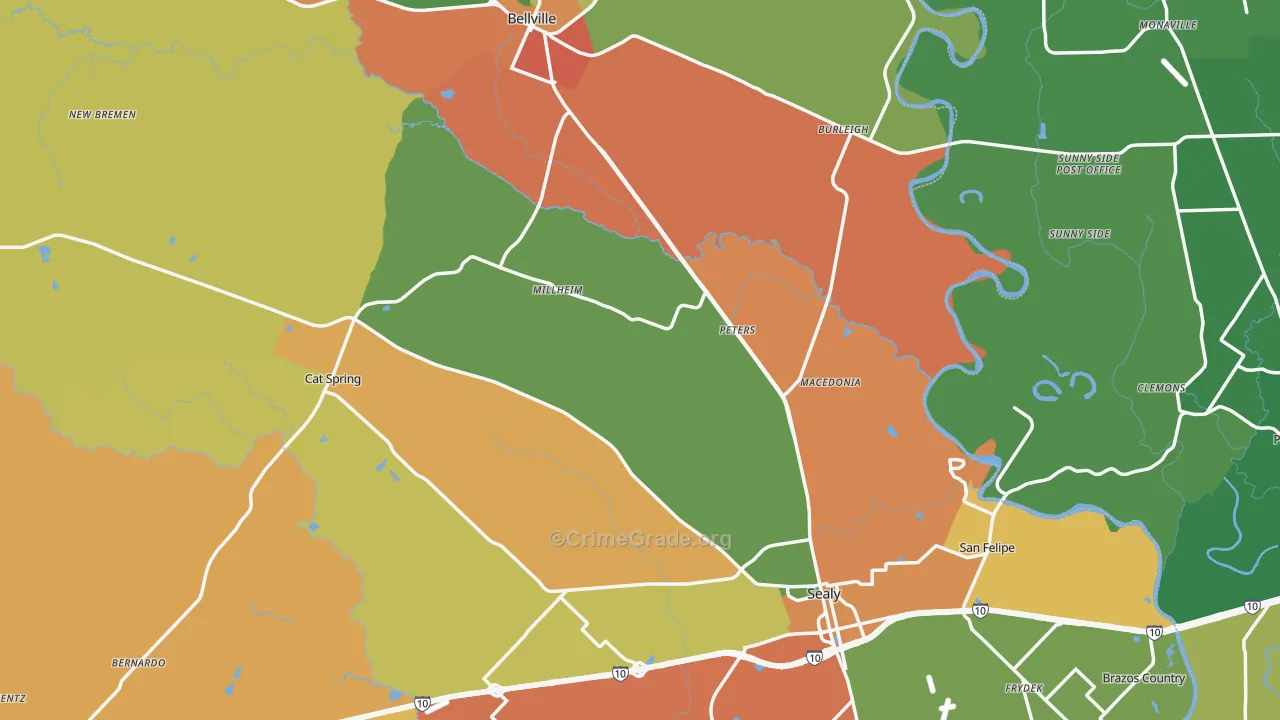Austin County, TX Map of Drug-Related Crime Rates
