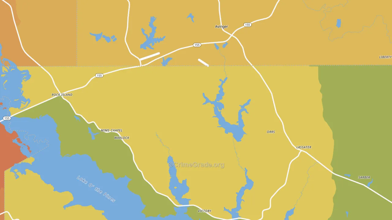Avinger, TX Map of Drug-Related Crime Rates