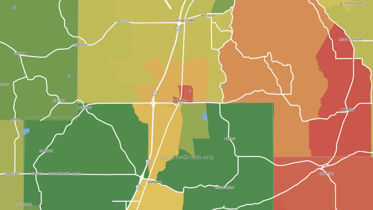 Baldwyn, MS Map of Drug-Related Crime Rates