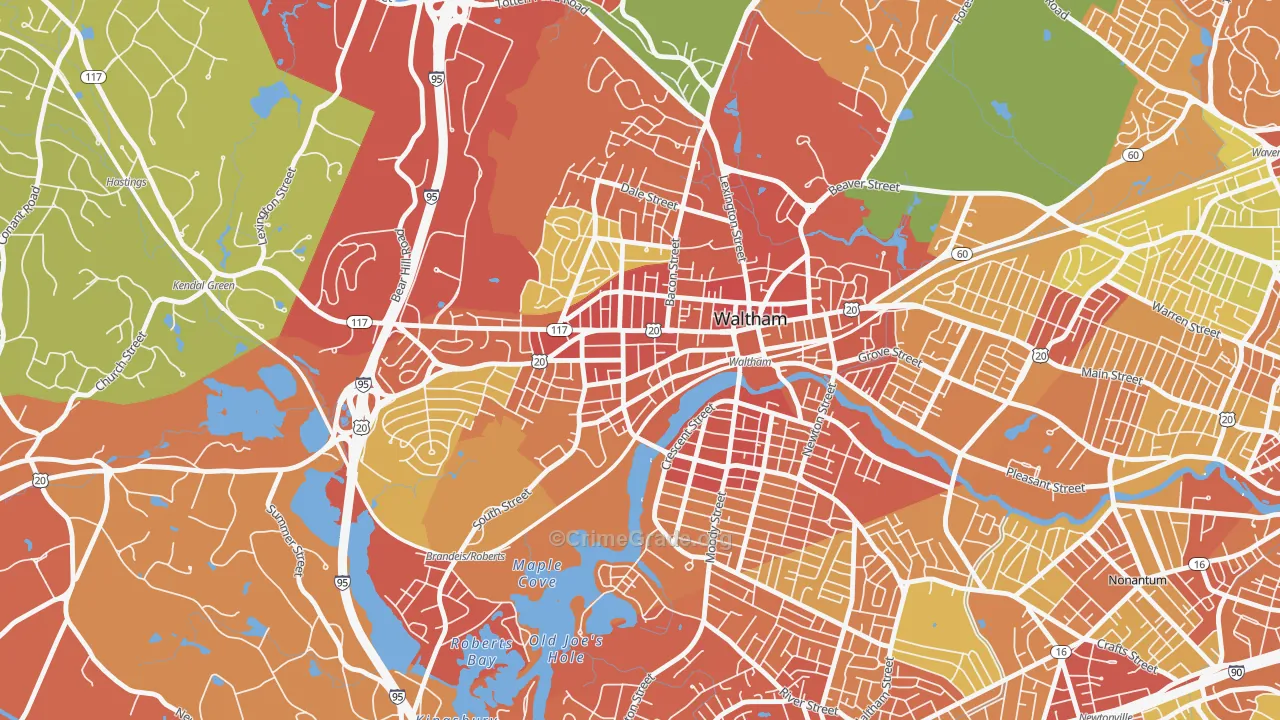 Bank Square, Waltham, MA Map of Drug-Related Crime Rates