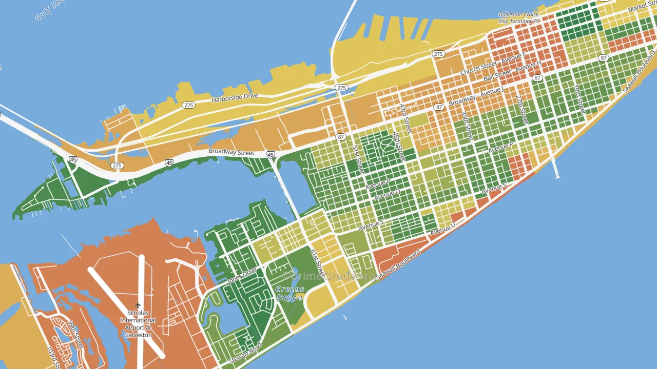 Bayou Shore, Galveston, TX Map of Drug-Related Crime Rates