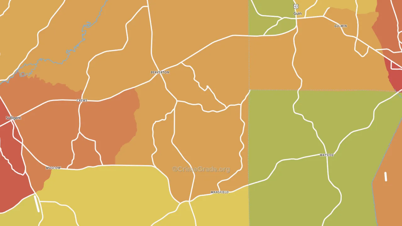 Beaverton, AL Map of Drug-Related Crime Rates