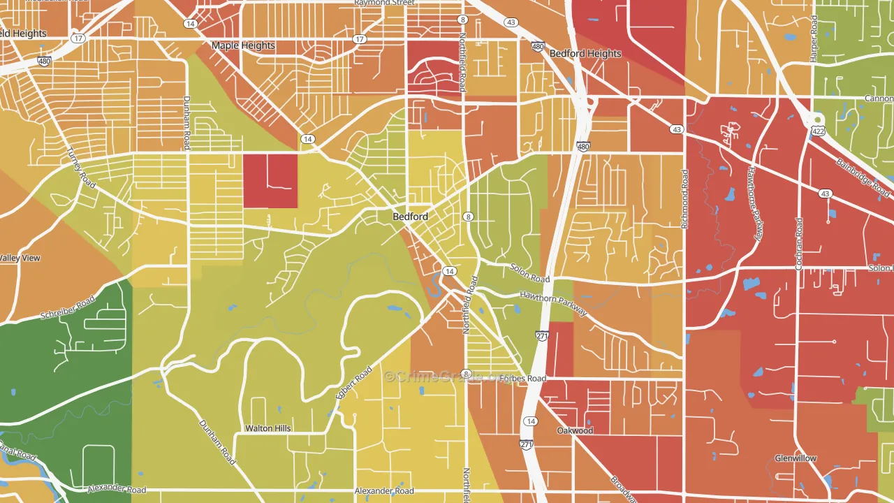 Bedford, OH Map of Drug-Related Crime Rates