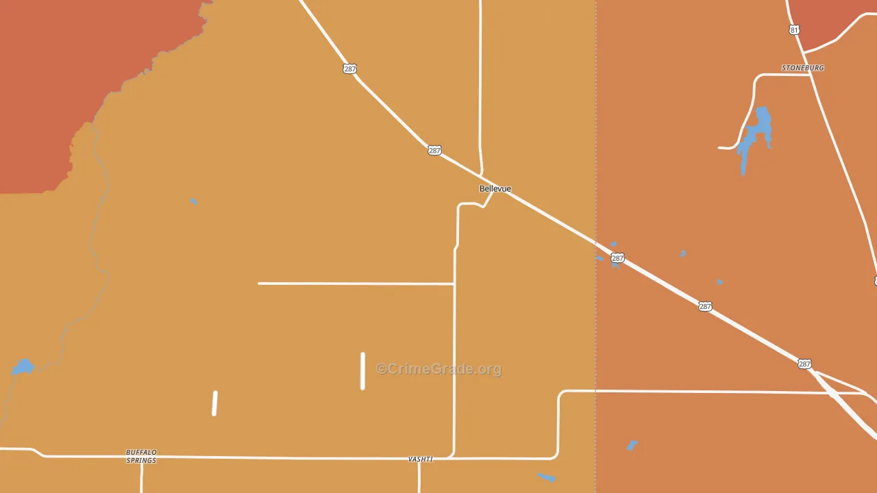 Bellevue, TX Map of Drug-Related Crime Rates