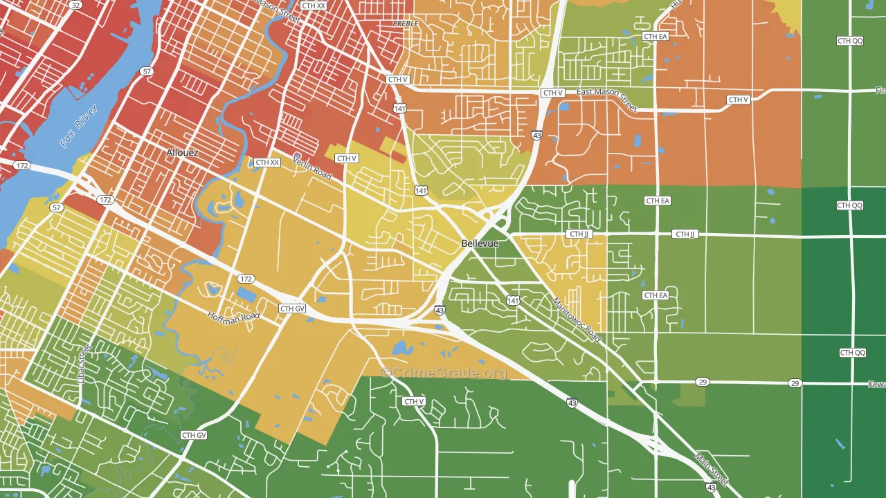 Bellevue, WI Map of Drug-Related Crime Rates