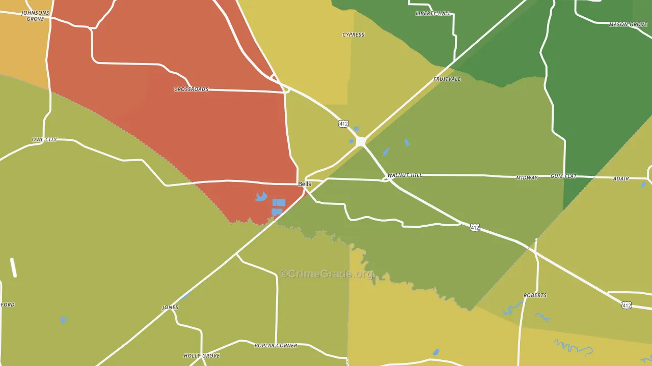 Bells, TN Map of Drug-Related Crime Rates