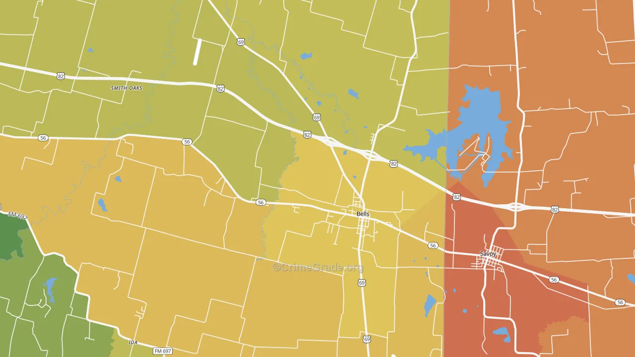 Bells, TX Map of Drug-Related Crime Rates