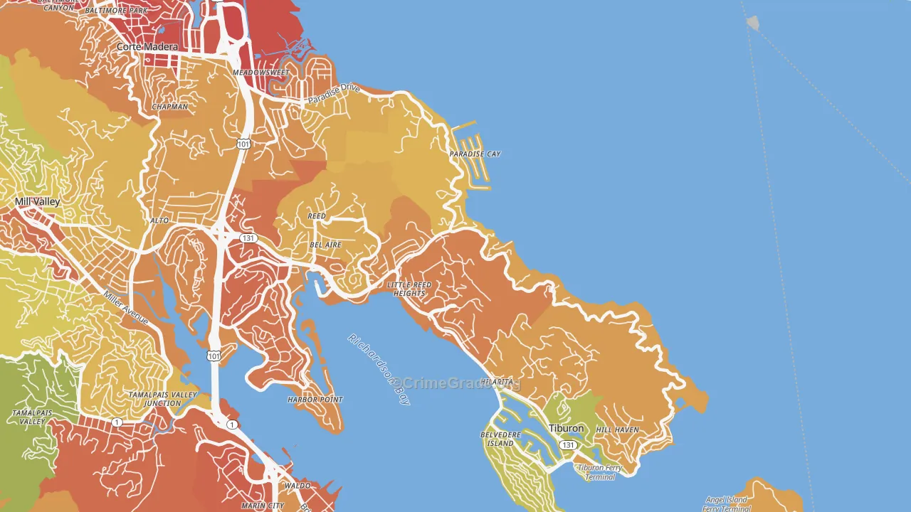 Belvedere-Tiburon, CA Map of Drug-Related Crime Rates